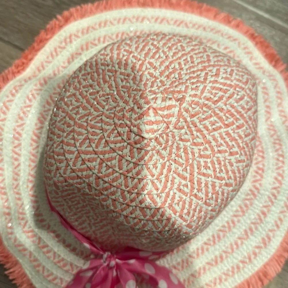 Pink and White Sun Hat with Polka Dot Ribbon